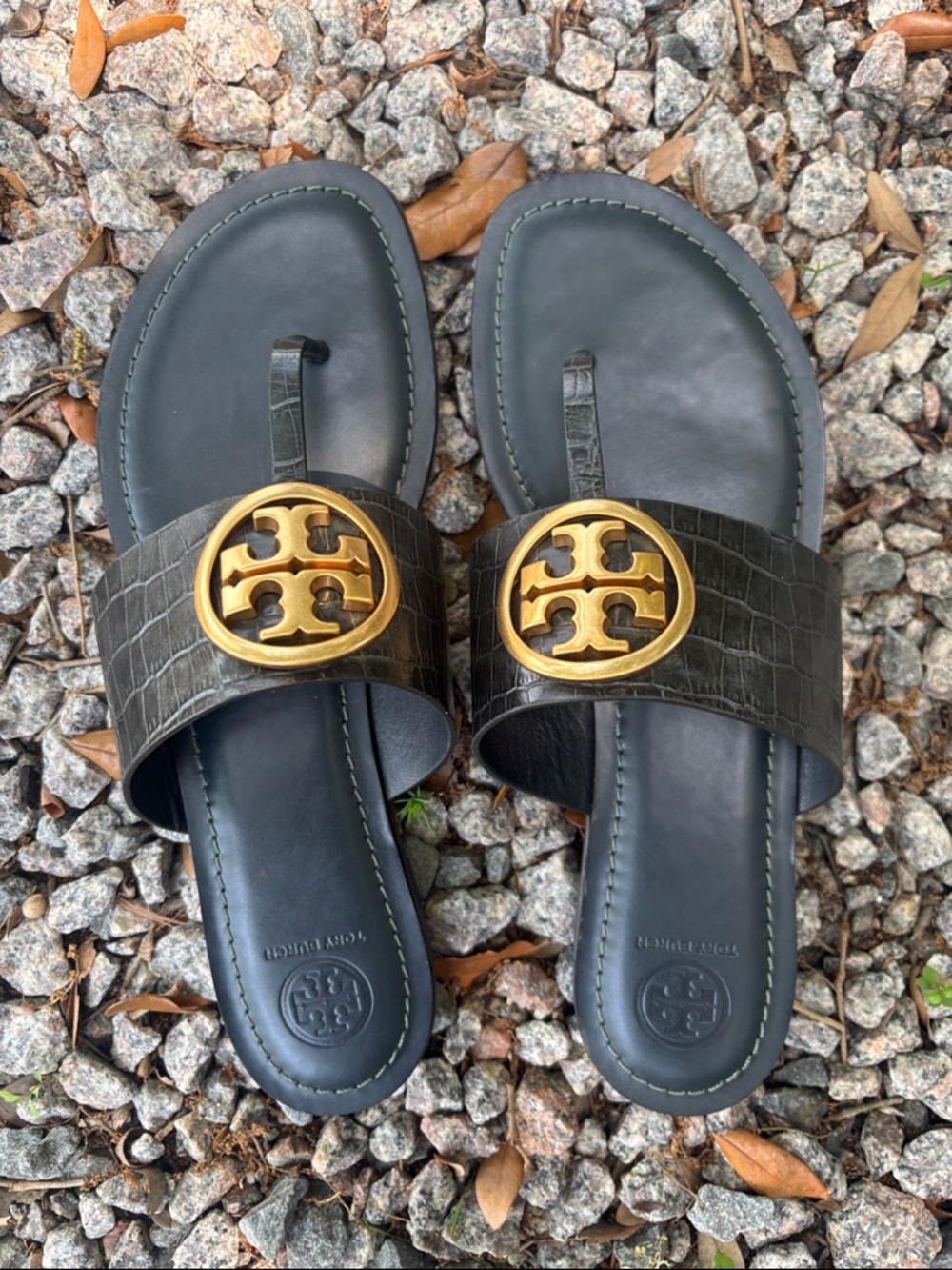 Tory Burch Dark Green Croc-Embossed Slide Sandals with Gold Logo